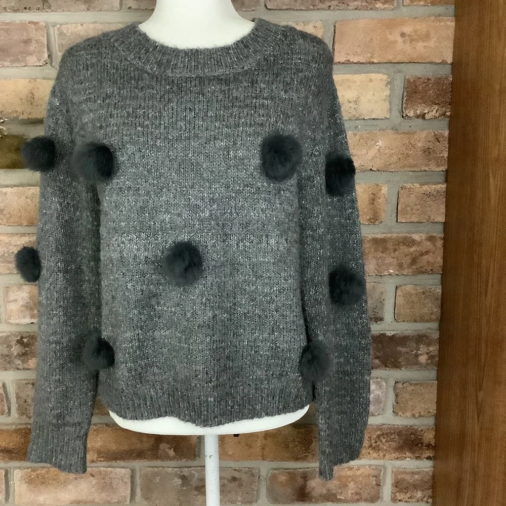 Cliche’ Pom Pom Gray Marled-Knit Wool Sweater 185